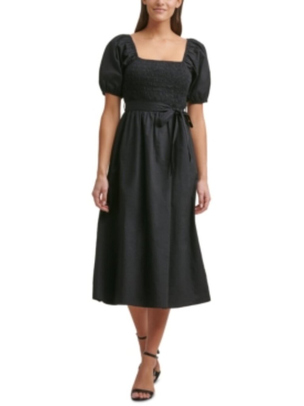 Kensie Women's Belted Smocked (Elastic Bodice) Black Cotton MIDI Dress Size 14